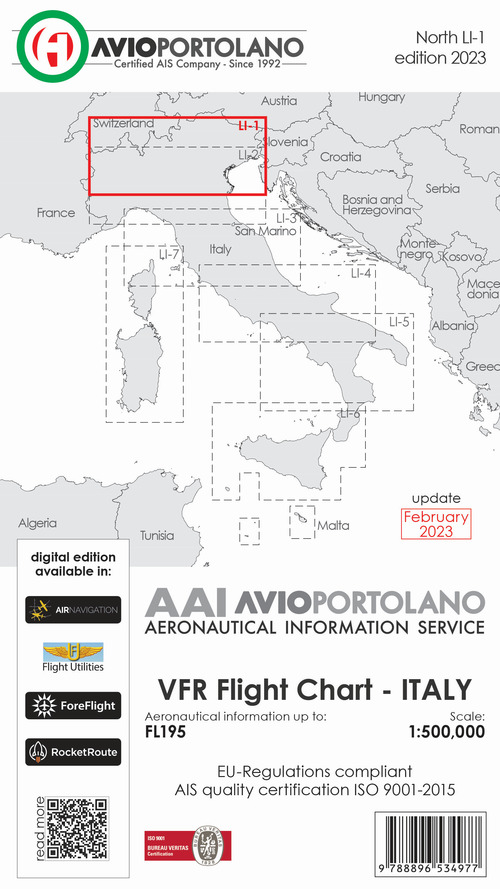 Avioportolano. VFR flight chart LI 1 Italy north. ICAO annex 4 - EU-Regulations compliant