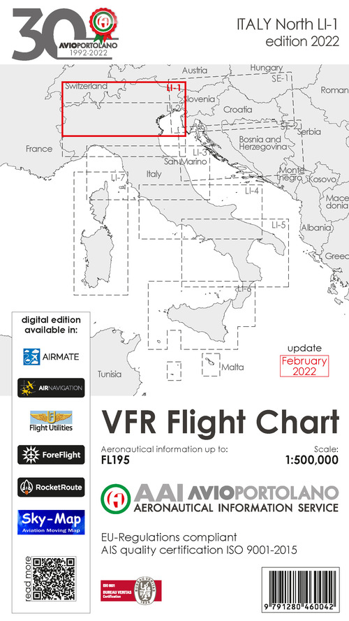 Avioportolano. VFR flight chart LI 1 Italy north. ICAO annex 4 - EU-Regulations compliant. Ediz. italiana e inglese