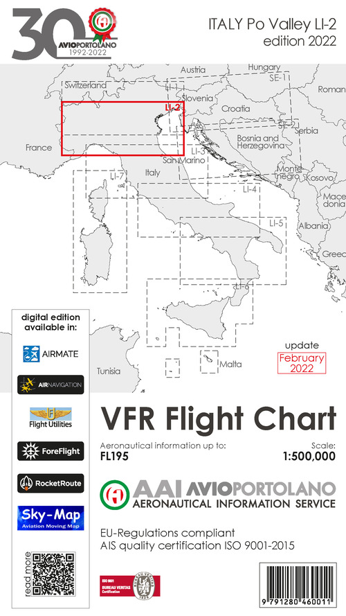 Avioportolano. VFR flight chart LI 2 Italy Po valley. ICAO annex 4 - EU-Regulations compliant. Ediz. italiana e inglese