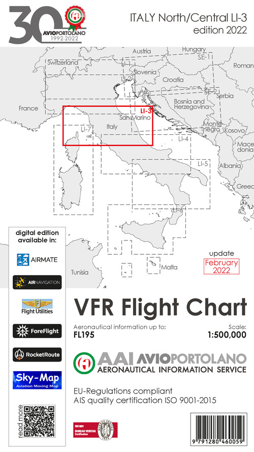 Avioportolano. VFR flight chart LI 3 Italy north-central. ICAO annex 4-EU-Regulations compliant