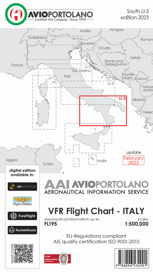 Avioportolano. VFR flight chart LI 5 Italy south. ICAO annex 4 - EU-Regulations compliant. Ediz. italiana e inglese