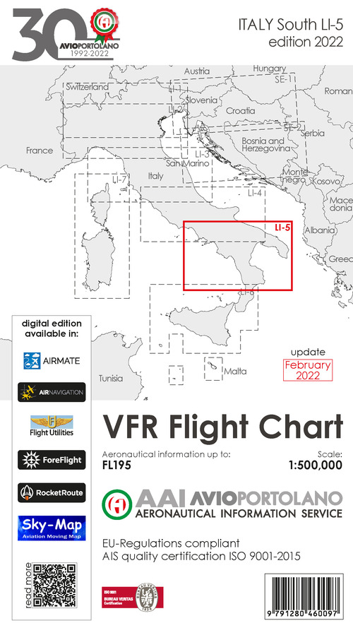 Avioportolano. VFR flight chart LI 5 Italy south. ICAO annex 4 - EU-Regulations compliant. Ediz. italiana e inglese