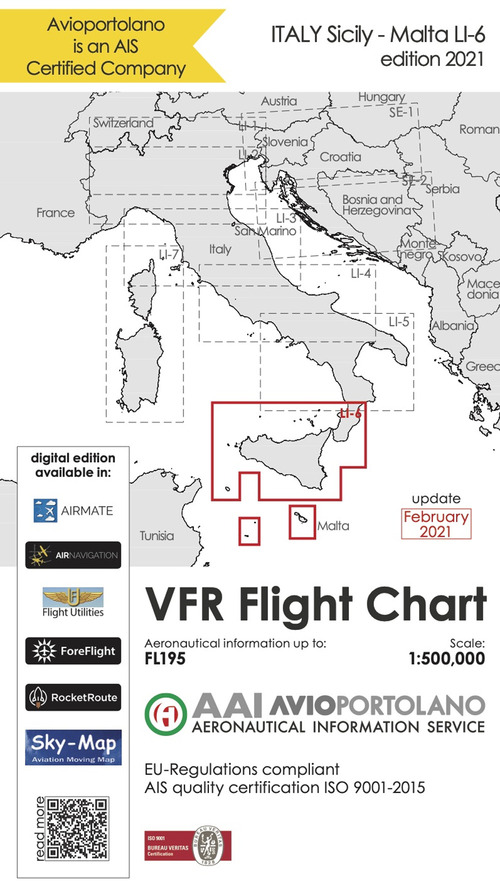 Avioportolano. VFR flight chart LI 6 Italy Sicily. ICAO annex 4 - EU-Regulations compliant. Ediz. italiana e inglese