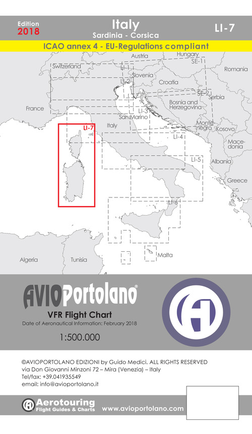 Avioportolano. VFR flight chart LI 7 Italy Sardinia-Corsica. ICAO annex 4 - EU-Regulations compliant. Ediz. italiana e inglese