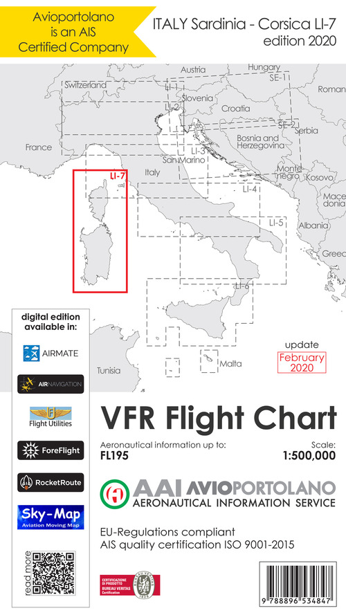 Avioportolano. VFR flight chart LI 7 Italy Sardinia-Corsica. ICAO annex 4 - EU-Regulations compliant. Ediz. italiana e inglese