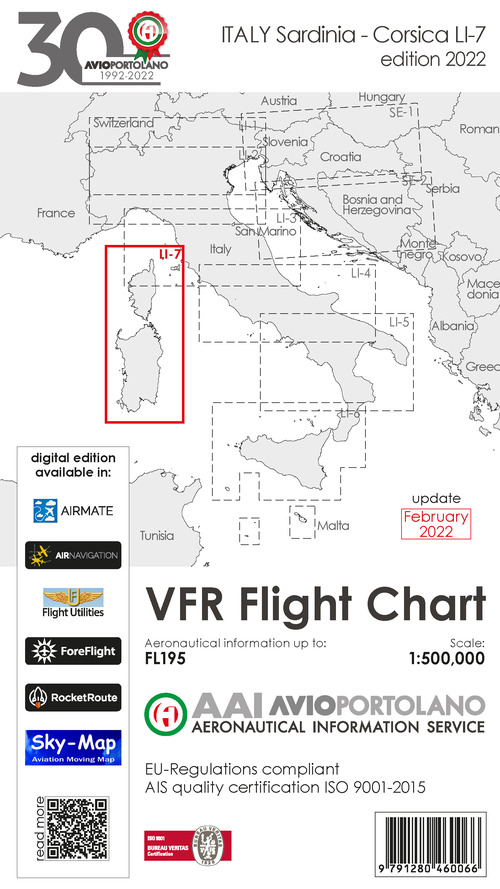 Avioportolano. VFR flight chart LI 7 Italy Sardinia-Corsica. ICAO annex 4 - EU-Regulations compliant. Ediz. italiana e inglese