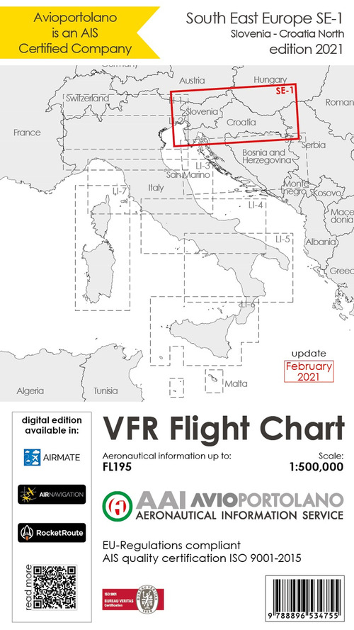 Avioportolano. VFR flight chart SE 1. South East Europe. Slovenia, Croatia north. ICAO annex 4 - EU-Regulations compliant. Ediz. italiana e inglese