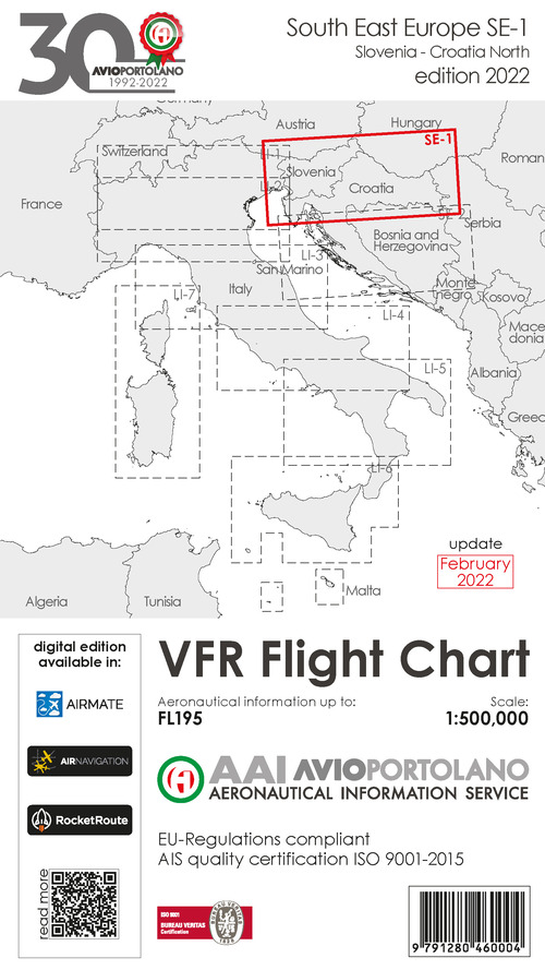 Avioportolano. VFR flight chart SE 1. South East Europe. Slovenia, Croatia north. ICAO annex 4 - EU-Regulations compliant. Ediz. italiana e inglese