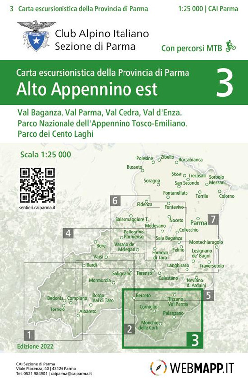 Alto Appennino est: Val Baganza, Val Parma, Val Cedra, Val d'Enza. Parco Nazionale dell'Appennino Tosco-Emiliano, Parco dei Cento Laghi 1:25.000