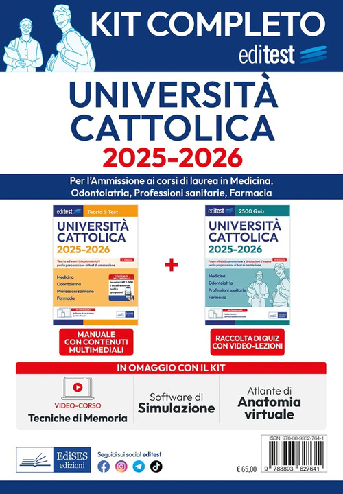 Kit completo EdiTEST. Universit&agrave; Cattolica. Medicina, odontoiatria, professioni sanitarie