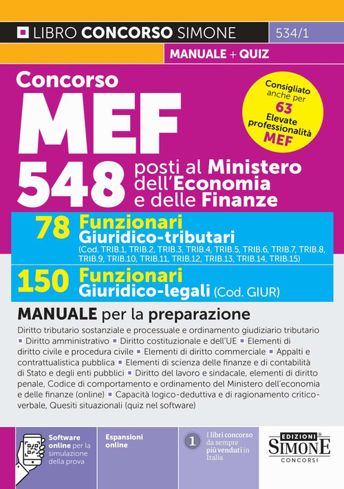 Concorso MEF 548 posti. 78 funzionari giuridico tributari. 150 funzionari giuridico-legali. Manuale per la preparazione