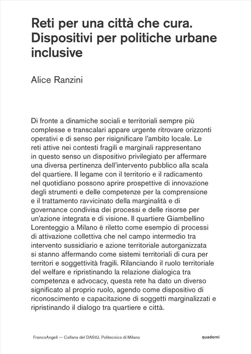 Reti per una citt&agrave; che cura. Dispositivi per politiche urbane inclusive