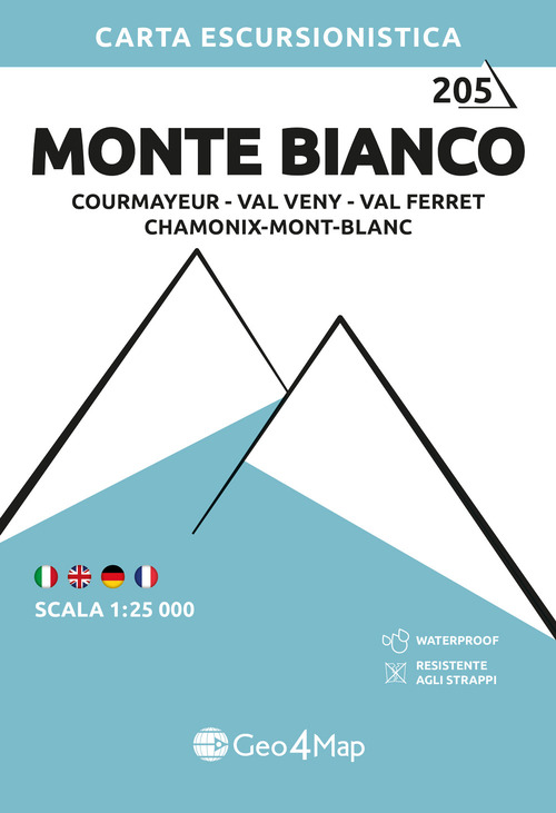 205 Monte Bianco Courmayeur, Val Veny, Val Ferret, Chamonix-Mont-Blanc. Carta escursionistica 1:25.000