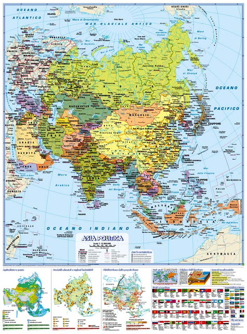 Asia 1.12.000.000 murale scolastica fisico/politica con aste. Carta murale scolastica fisico/politica