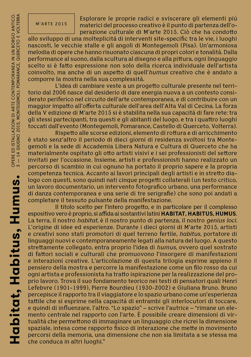 Habitat, Habitus, Humus. M'Arte 2015. Opere ed istallazioni di arte contemporanea in un borgo antico (Montegemoli-Pomarance-Querceto-Volterra, 3-14 Giugno 2015)