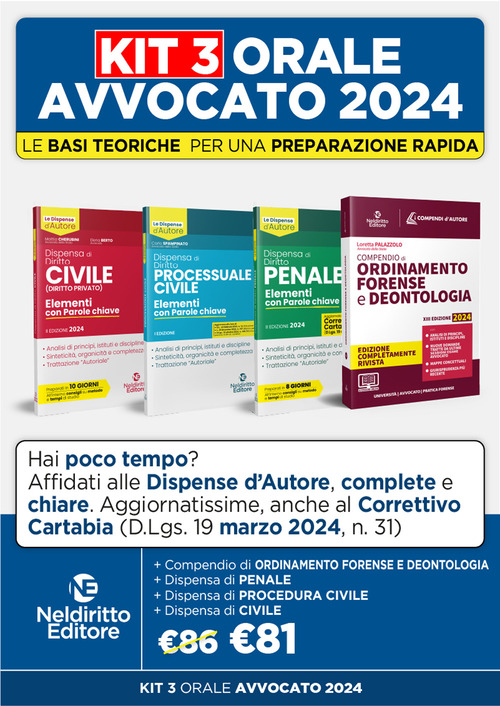Speciale Orale Avvocato kit 3 dispense + 1 compendio (Civile, Ordinamento forense + Procedura civile + Penale)