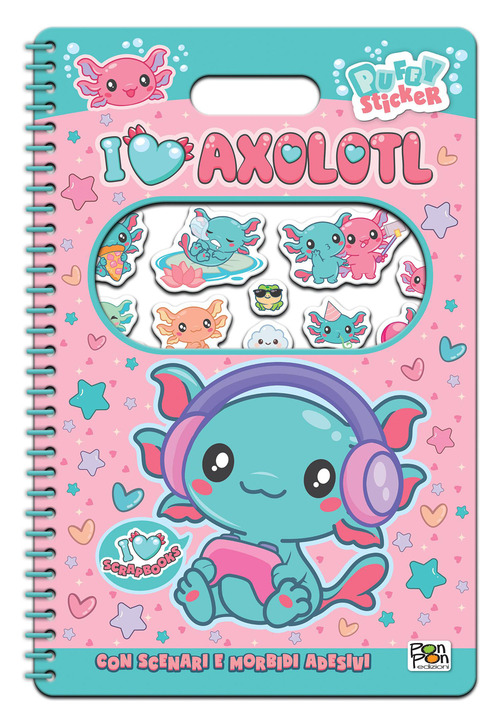 I love axolotl. Puffy sticker. I love scrapbooks. Con adesivi